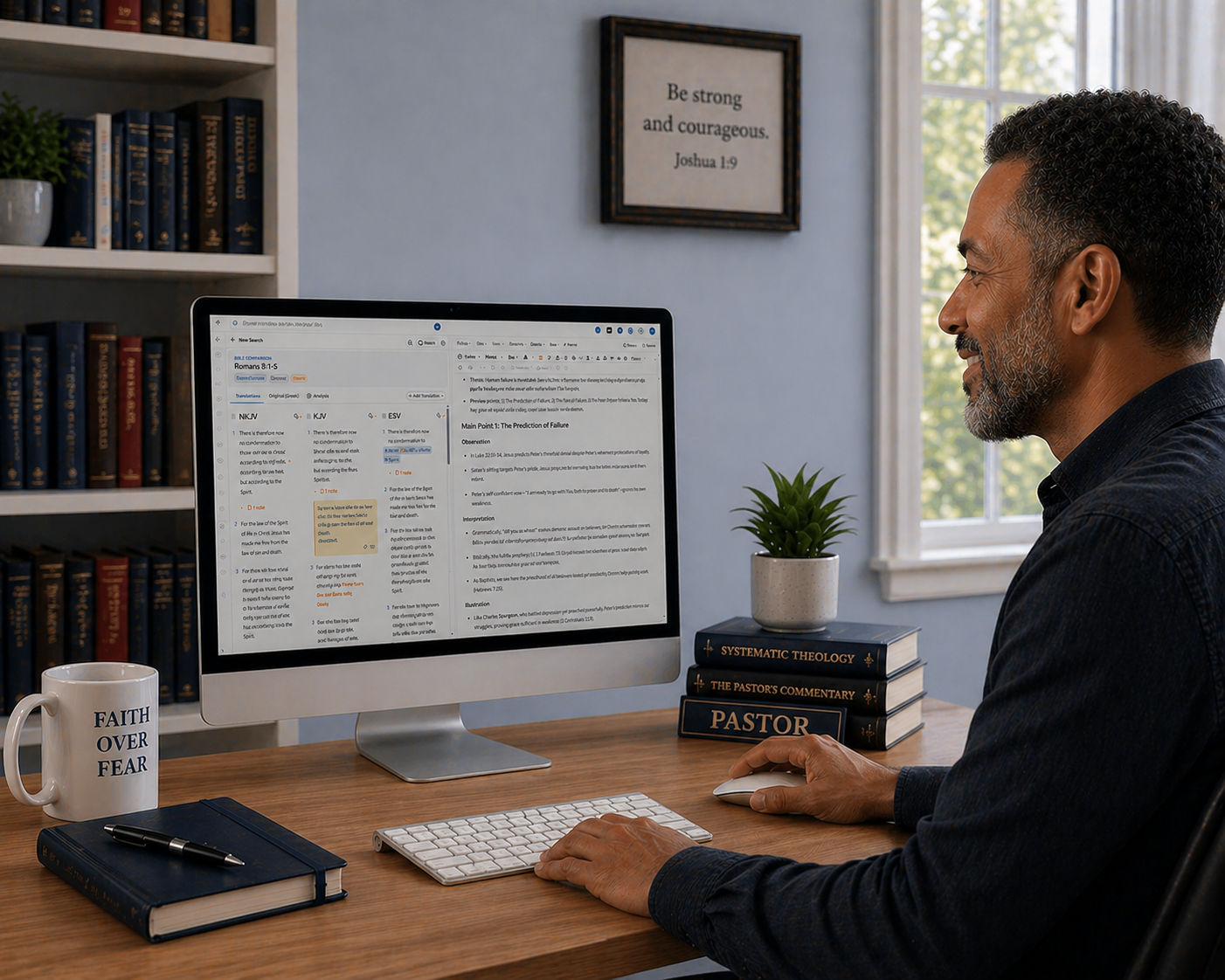 A pastor at his desk using SermonAi to compare Bible translations and outline a sermon